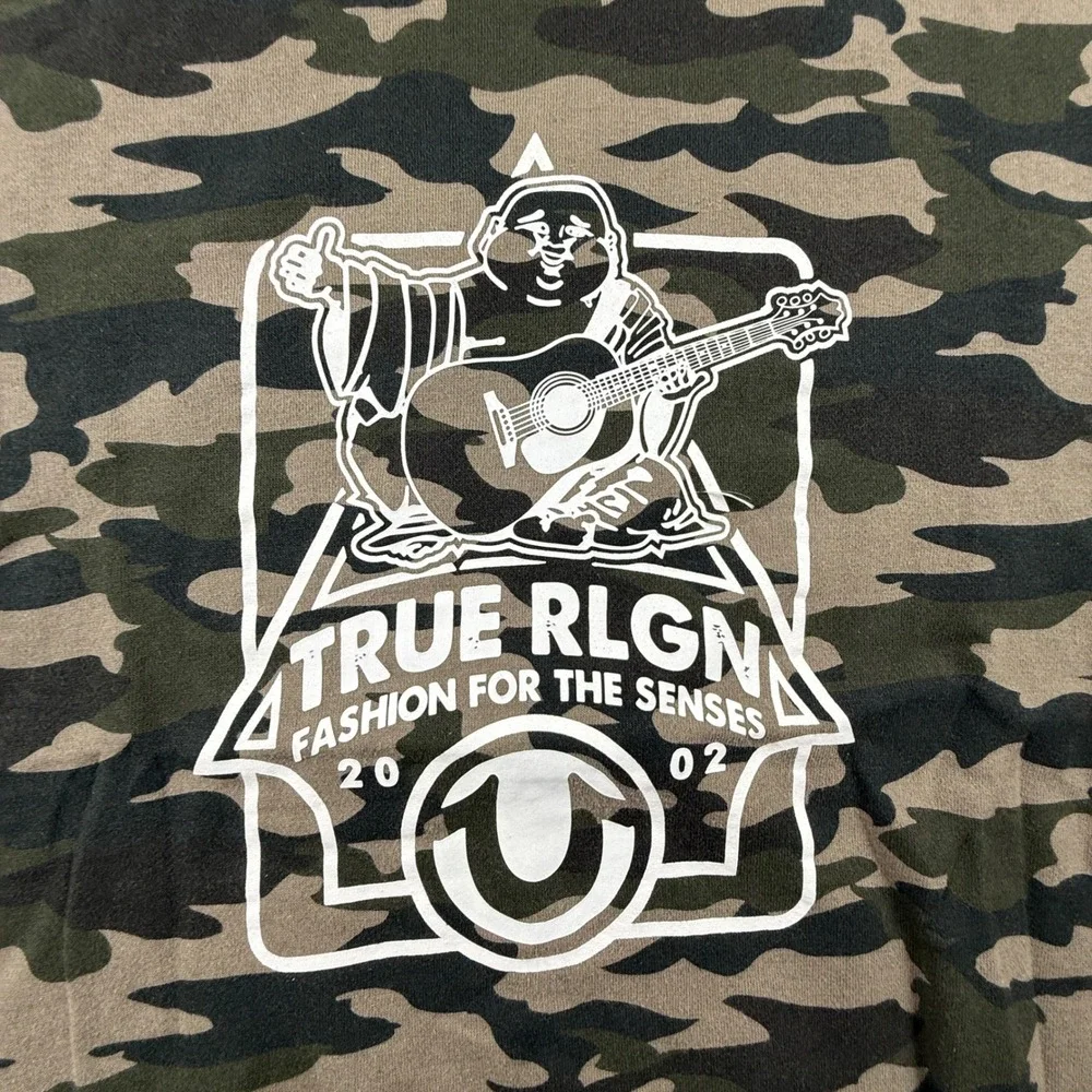 True Religion Mens Camo Buddha Guitar Graphic Crewneck Sweatshirt Large Green